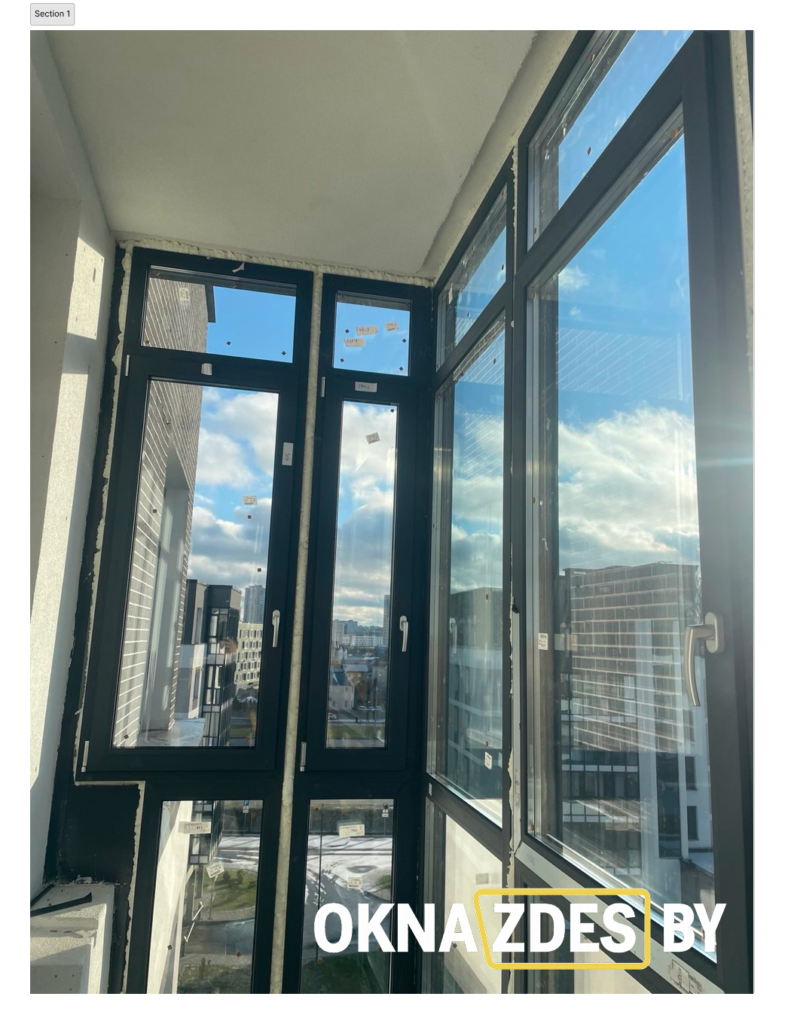 Поворотно-откидная створка тёмного ПВХ-окна с белой ручкой; двойной контур уплотнений, вид на двор зимой.