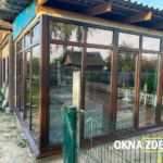 Остекление веранды Salamander 76, глухие и П/О створки, тёмный дуб.