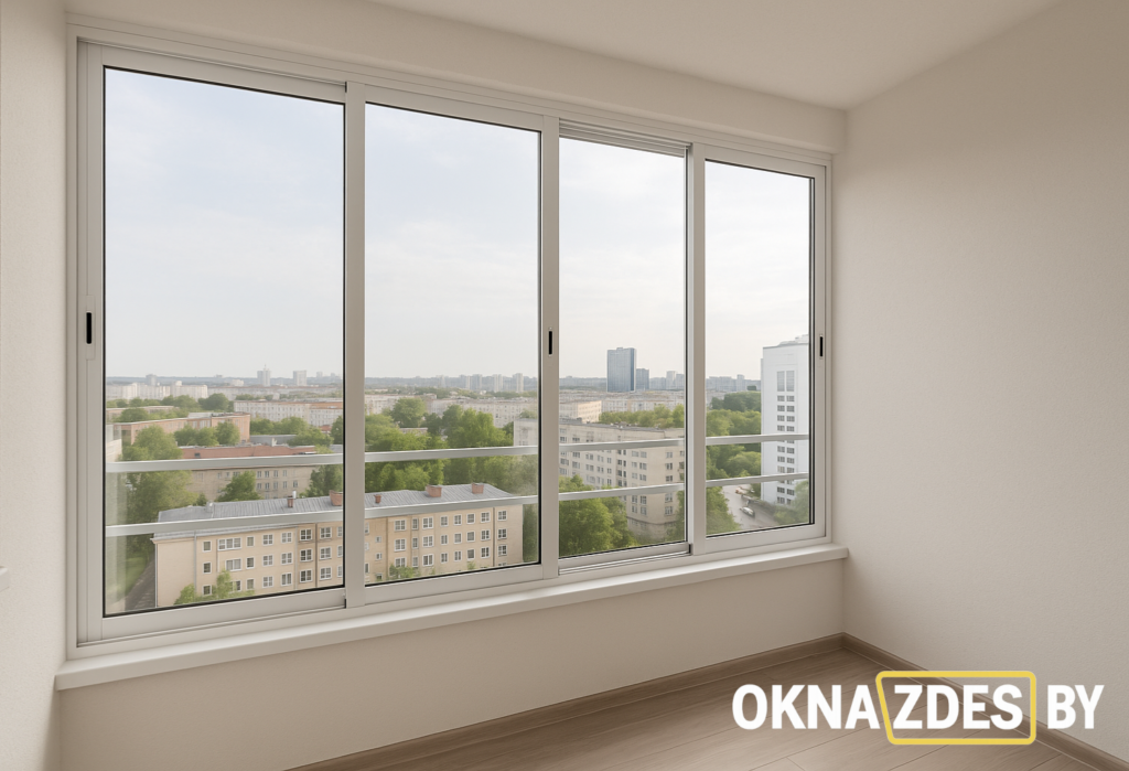 Раздвижное остекление балкона Provedal C640 — алюминиевые створки в белой раме, панорамный вид на город, светлый интерьер, Минск.