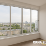 Раздвижное остекление балкона Provedal C640 — алюминиевые створки в белой раме, панорамный вид на город, светлый интерьер, Минск.