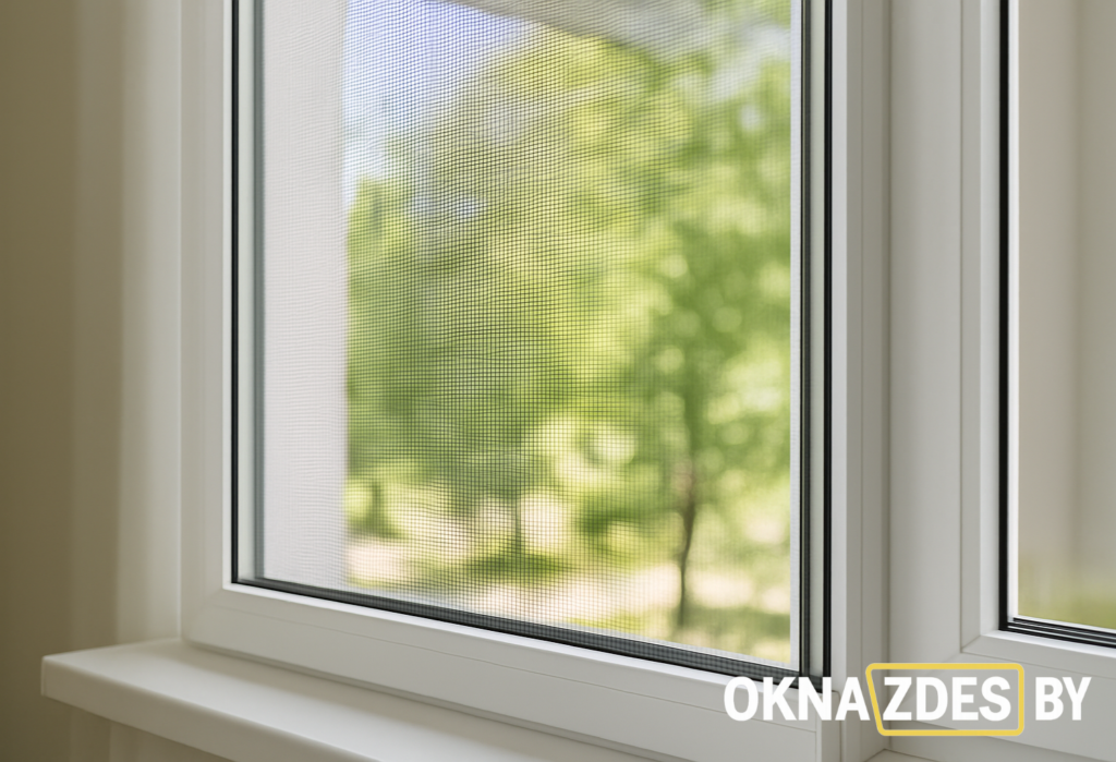 Установленная рамочная москитная сетка на белом окне ПВХ — вид через сетку на зелень, Минск