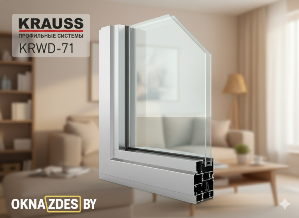 KRAUSS KRWD-71: Детальный вид пластикового оконного профиля с тройным остеклением, демонстрирующий его конструкцию и пригодность для современного интерьера. Подходит для описания характеристик товара.