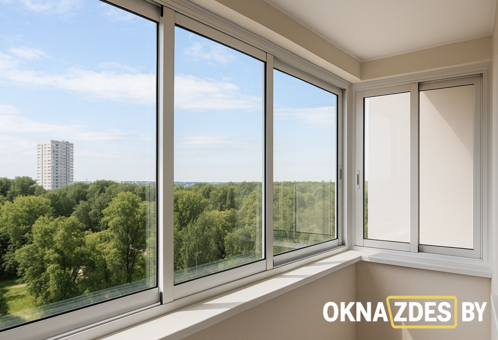 Provedal C960 — трёхрельсовая раздвижная система на лоджии, белая алюминиевая рама, панорамный городской вид, Минск.