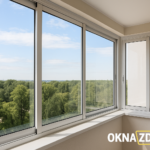 Provedal C960 — трёхрельсовая раздвижная система на лоджии, белая алюминиевая рама, панорамный городской вид, Минск.