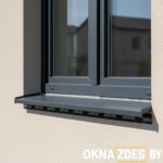 Металлический отлив антрацит на окне ПВХ — монтаж с уплотнительной лентой PSU, фасад, Минск